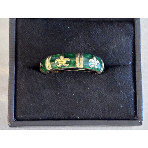 Hidalgo 18K Gold Green Enamel Fleur-de-Lis Ring Band Size 6.75 - Picture 2 of 5